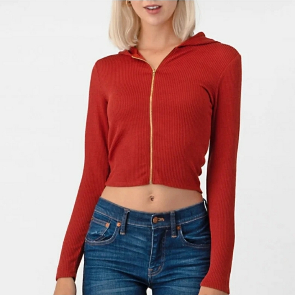 #10178-3 Hoodie Top Front Zipper Long Sleeve,Color Brick,More Size Available.